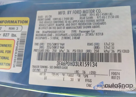 2020 Ford Fusion Se z USA, uszkodzony, nr VIN 3FA6P0HD3LR159134